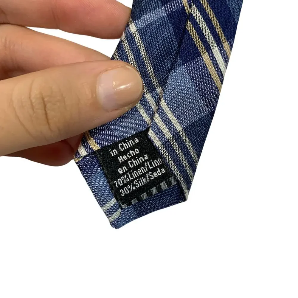 Ben Sherman Plaid Linen Silk Blend Tie NWT Sz OS Blue Business Preppy Party
